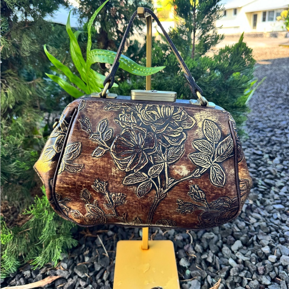 Patricia Nash Vintage Tooled Leather Doctor Bag Burnished Floral Frame Satchel - Picture 5 of 13